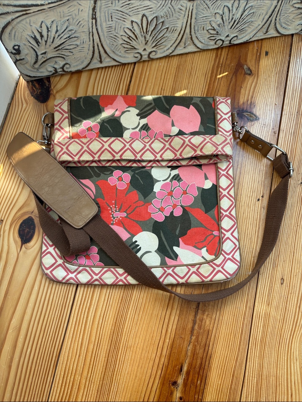 Floral Canvas Crossbody Bag in Pink and Brown